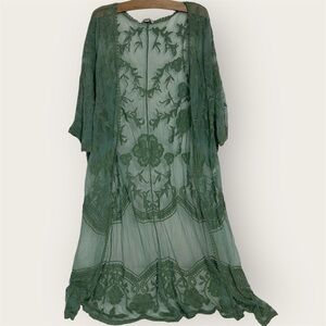 White Birch Sage Green Floral Embroidered Lace Kimono Cardigan - Size M